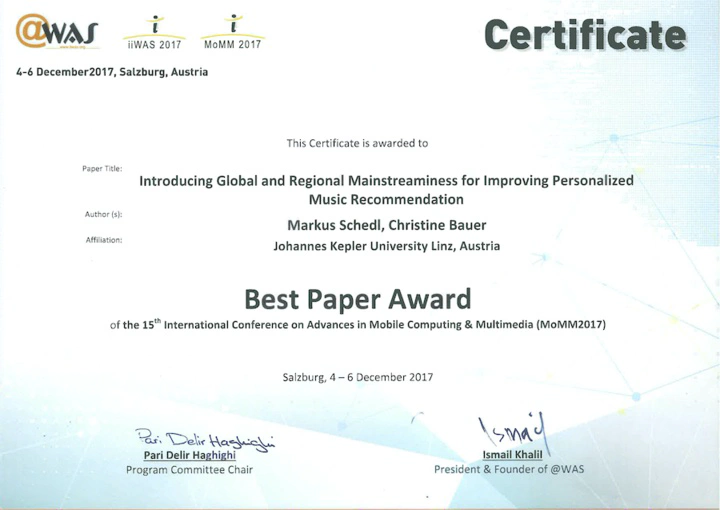 Certificate of the MoMM 2017 Best Paper Award