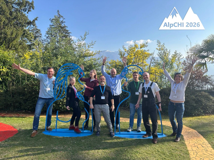 Left to right: Michael Haller, Christine Bauer, Anke V. Reinschluessel, Denis Lalanne, Johannes Schöning, Jannis Strecker-Bischoff, Alexandre de Masi, Tiare Feuchtner. Image credit: **AlpCHI**, 2026.