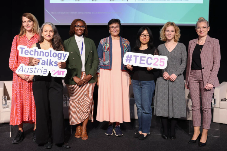 Left to right: Irina Nalis, Elka Xharo, Teki Akuetteh, Virginia Dignum, Yufang Hou, BM Eva-Maria Holzleitner, Christine Bauer. Image credit: Katharina Schiffl, 2025.