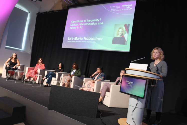 Left to right: Elka Xharo, Irina Nalis, Yufang Hou, Teki Akuetteh, Virginia Dignum, Christine Bauer, BM Eva-Maria Holzleitner. Image credit: Katharina Schiffl, 2025.