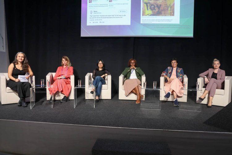 Left to right: Elka Xharo, Irina Nalis, Yufang Hou, Teki Akuetteh, Virginia Dignum, Christine Bauer. Image credit: Katharina Schiffl, 2025.