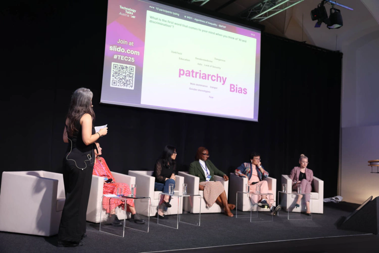 Left to right: Elka Xharo, Irina Nalis, Yufang Hou, Teki Akuetteh, Virginia Dignum, Christine Bauer. Image credit: Katharina Schiffl, 2025.