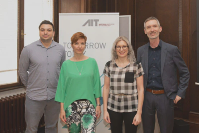 The speakers; left to right: Patrick Ratheiser, T&uuml;nde F&uuml;l&ouml;p, Christine Bauer, Mario Drobics; Copyright: AIT / Raimund Appel